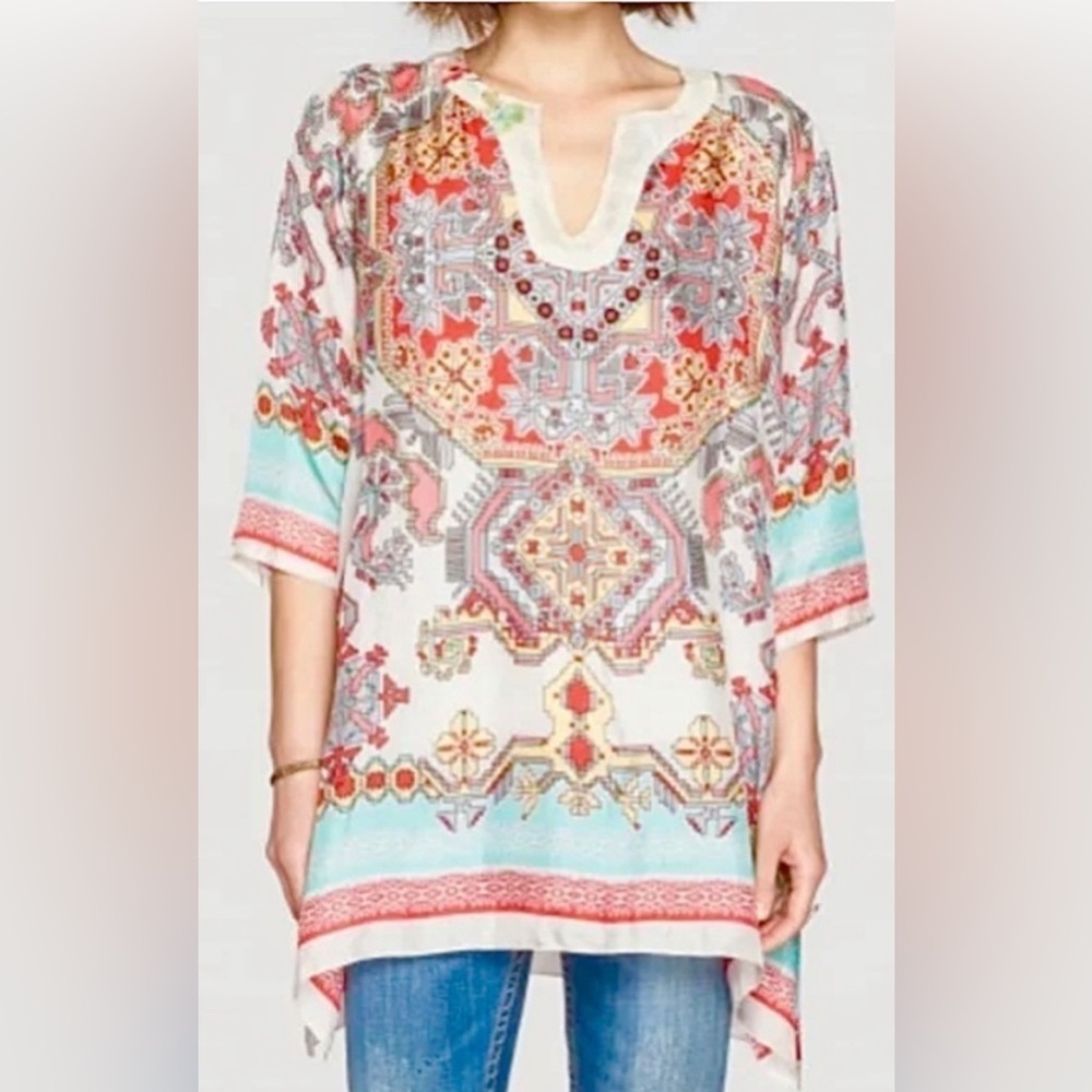 Johnny Was Silk Alamo Floral Indian Print Geometric Tunic Top Flowy Small *Read - Picture 3 of 11
